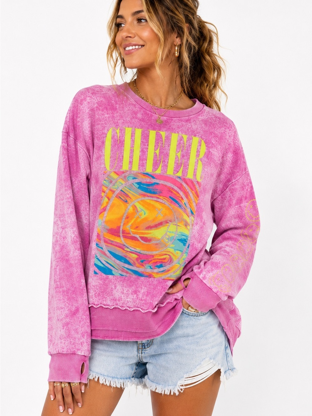 ASO Allstar Outfitters Cheer Sweatshirt Adult Small Pink Acid Wash Graphic